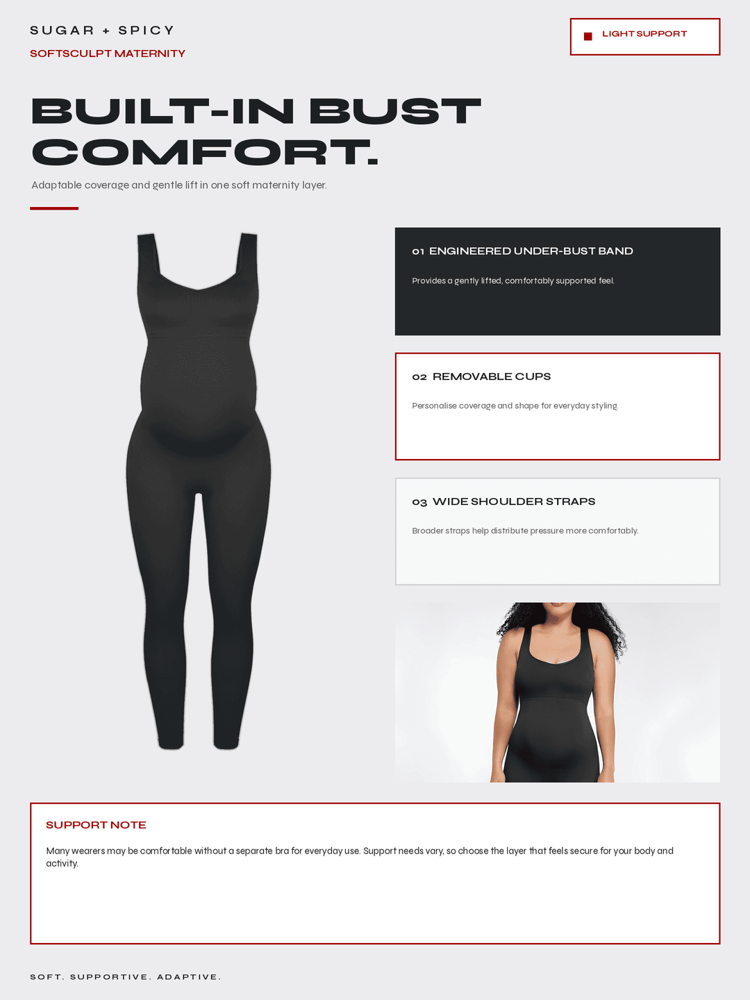 A product information graphic for a black maternity bodysuit. The left side shows a full-length view of the black soft-cup maternity top on a model, with text describing features like &