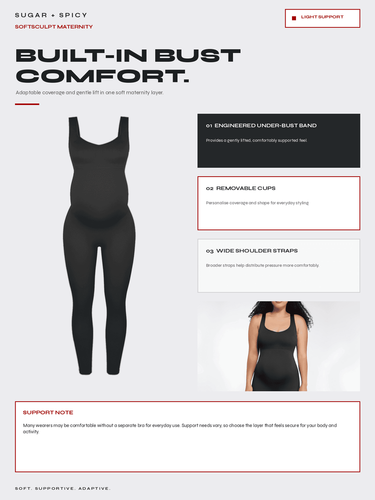 A product information graphic for a black maternity bodysuit. The left side shows a full-length view of the black soft-cup maternity top on a model, with text describing features like 'Engineered Under-Rust Band', 'Removable Cups', and 'Wide Shoulder Straps'.