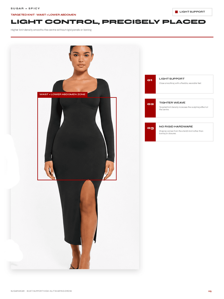 A catalog page showing a model wearing a black long-sleeve bodycon dress with a thigh-high slit. The page includes marketing text, product highlights, and a red outlined zone marking the lower abdomen area of the dress.