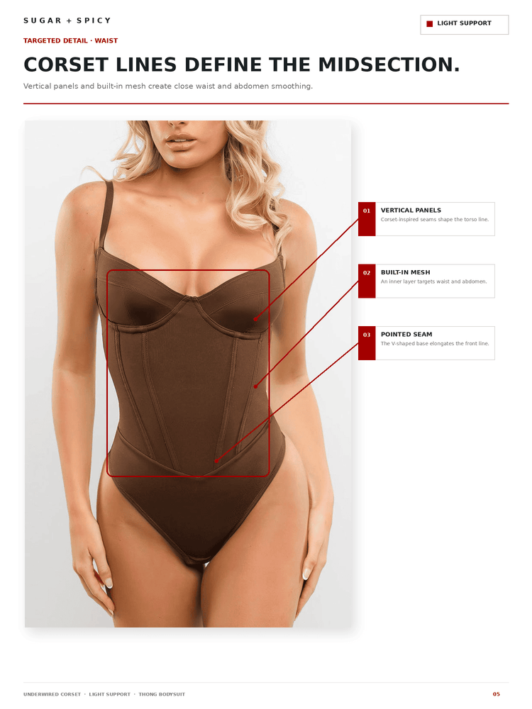 A model wearing a brown corset bodysuit with red callout lines and text labels pointing to vertical panels, built-in mesh, and pointed seam details on a white background.