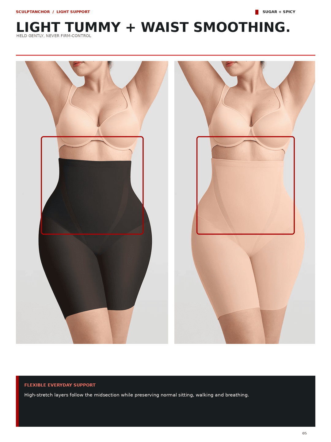 A promotional comparison graphic showing two cropped female torso models wearing shapewear. The left model wears black high-waisted compression shorts, and the right model wears a light beige/nude high-waisted shapewear brief.