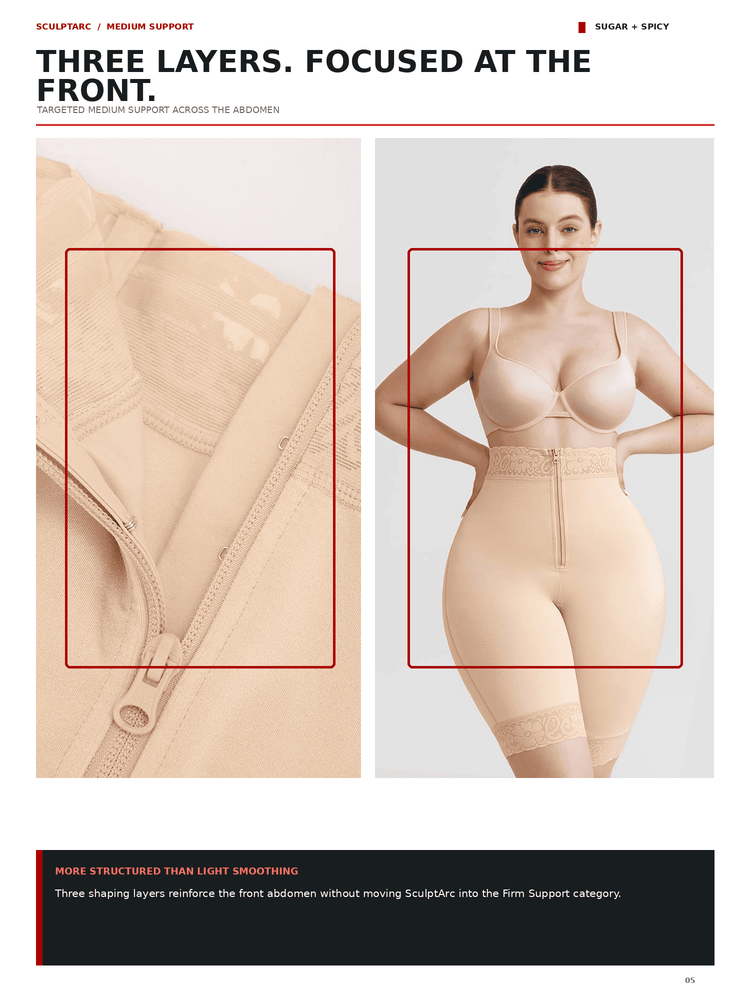 A catalog page showing a model wearing a beige three-layer abdominal shapewear garment, alongside a close-up of the front zipper and text describing the product as 'Three Layers. Focused at the Front.
