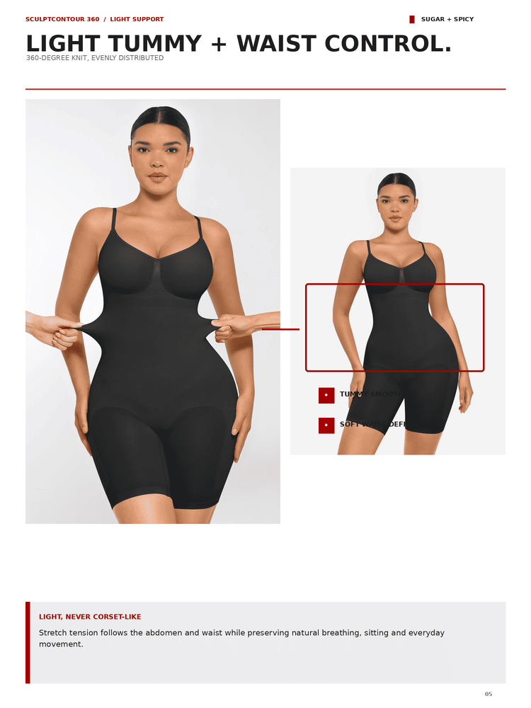 A black light-tummy waist-controlling shapewear bodysuit shown on a model in two views, with text describing features such as light tummy control, waist support, and gentle stretch.