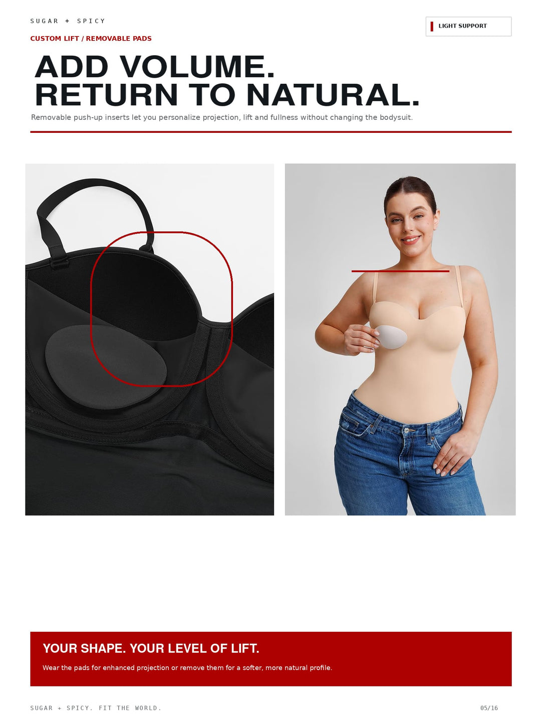 Promotional product graphic for a custom lift / removable pads bra. The layout includes marketing text, a close-up of the black bra with a red circle highlighting the removable pad, and a woman modeling the beige lift pad bra against a light gray background.