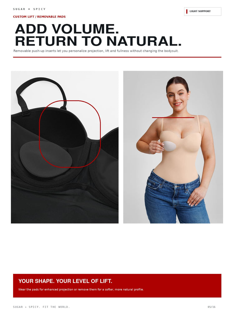 Promotional product graphic for a custom lift / removable pads bra. The layout includes marketing text, a close-up of the black bra with a red circle highlighting the removable pad, and a woman modeling the beige lift pad bra against a light gray background.