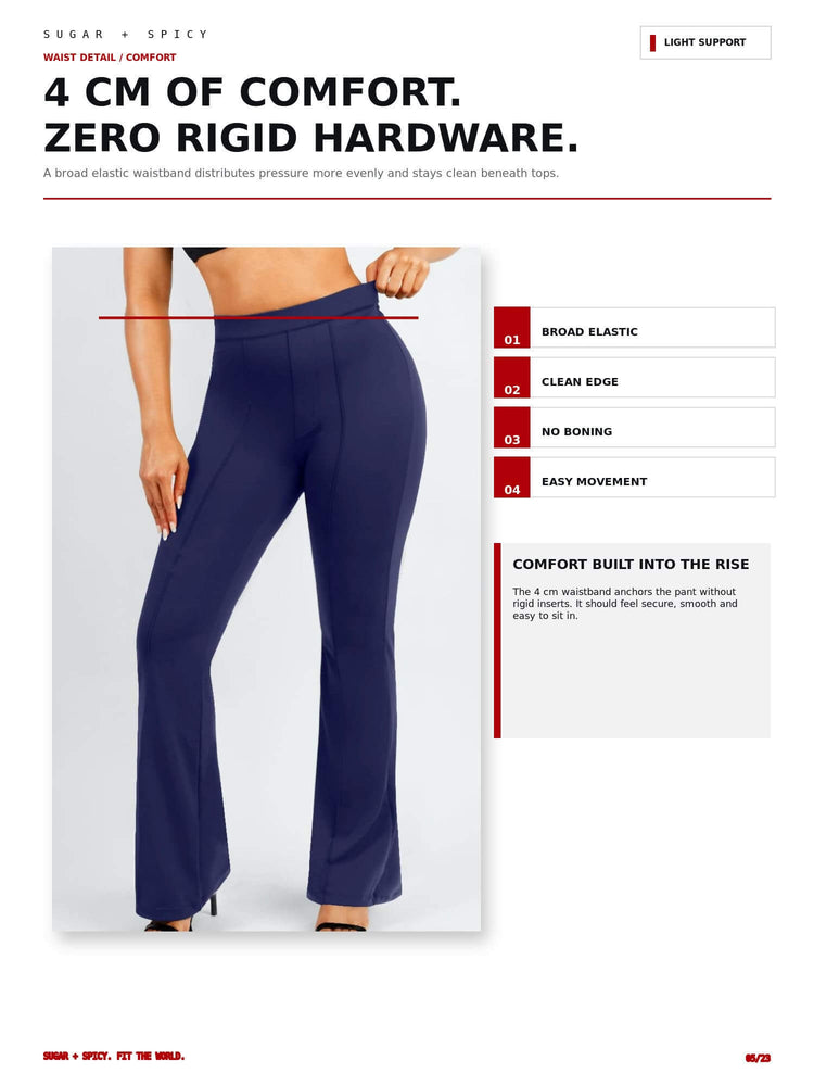 A model wears navy blue wide-leg pants with a red measurement overlay indicating a 4 cm comfort rise. The image is a product feature graphic with text callouts on the right and headline text at the top.