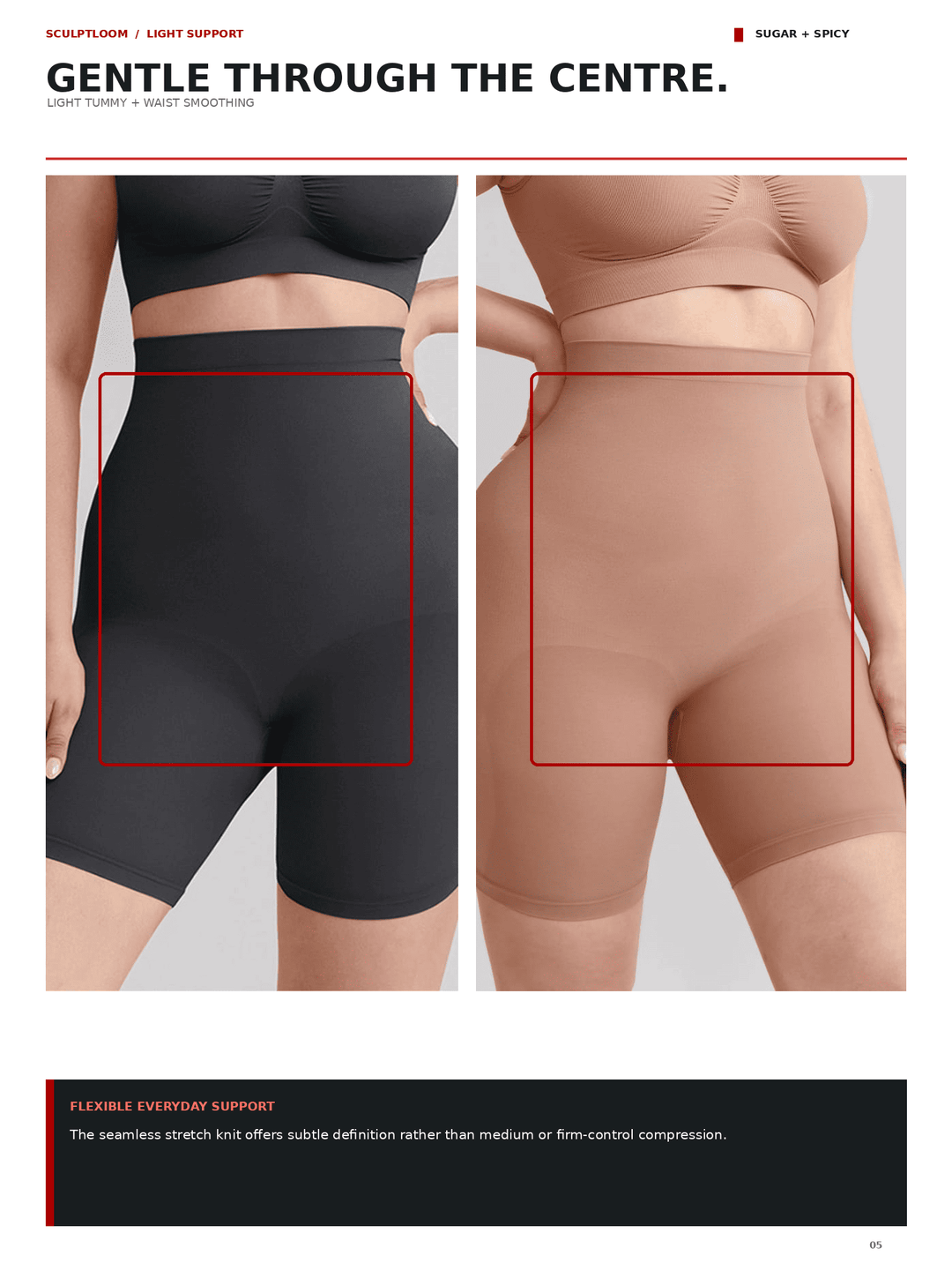 A promotional comparison graphic showing two side-by-side views of a shapewear brief on a model. The left panel shows a black shapewear brief, and the right panel shows a nude/beige shapewear brief.