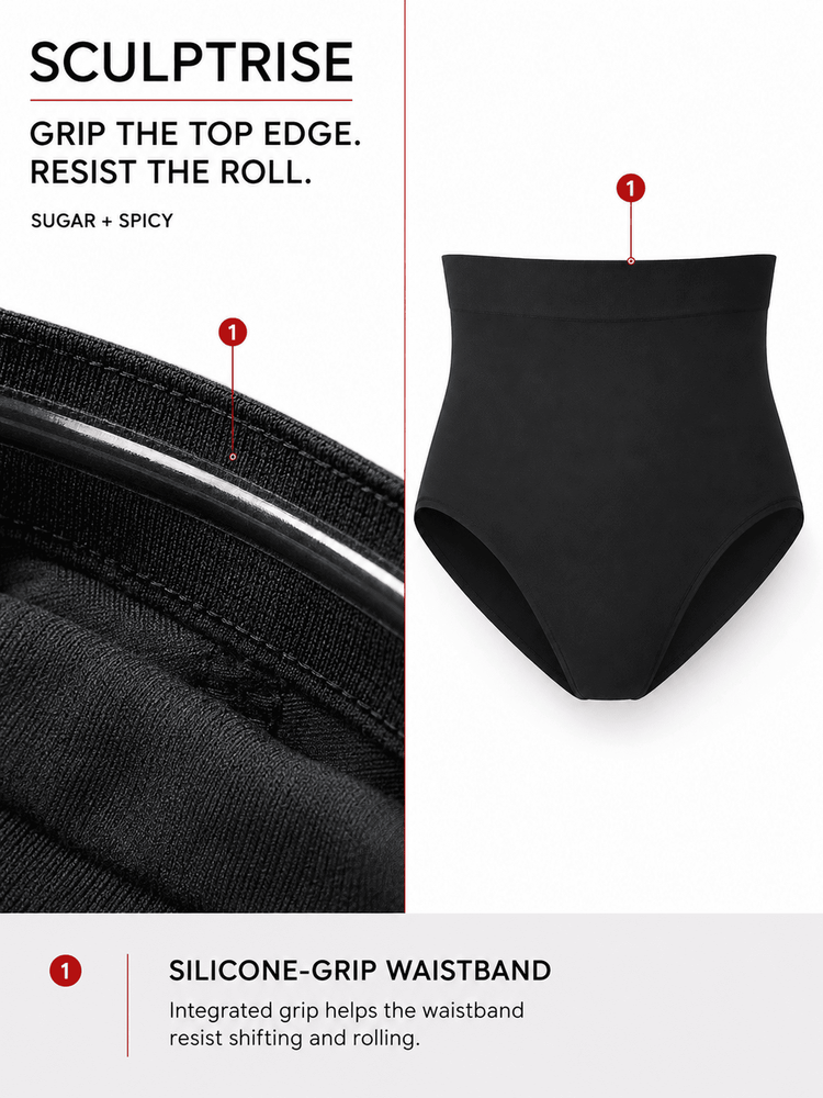 Black high-waisted shaping briefs shown on a white background with feature callouts and text explaining the silicone-grip waistband and top-edge grip.