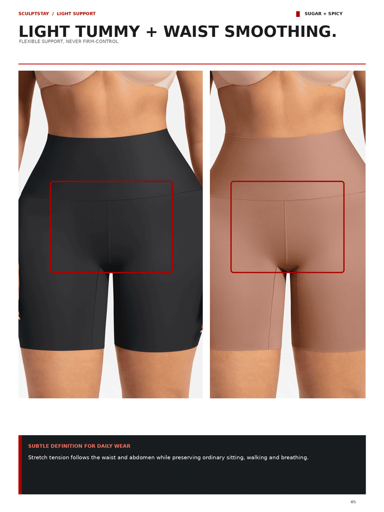 A comparison graphic showing two models from the waist to upper thighs wearing high-waisted compression shorts in two shades: a very dark charcoal/black on the left and a light tan/beige on the right. The right side is labeled 'SUGAR + SPICY'.