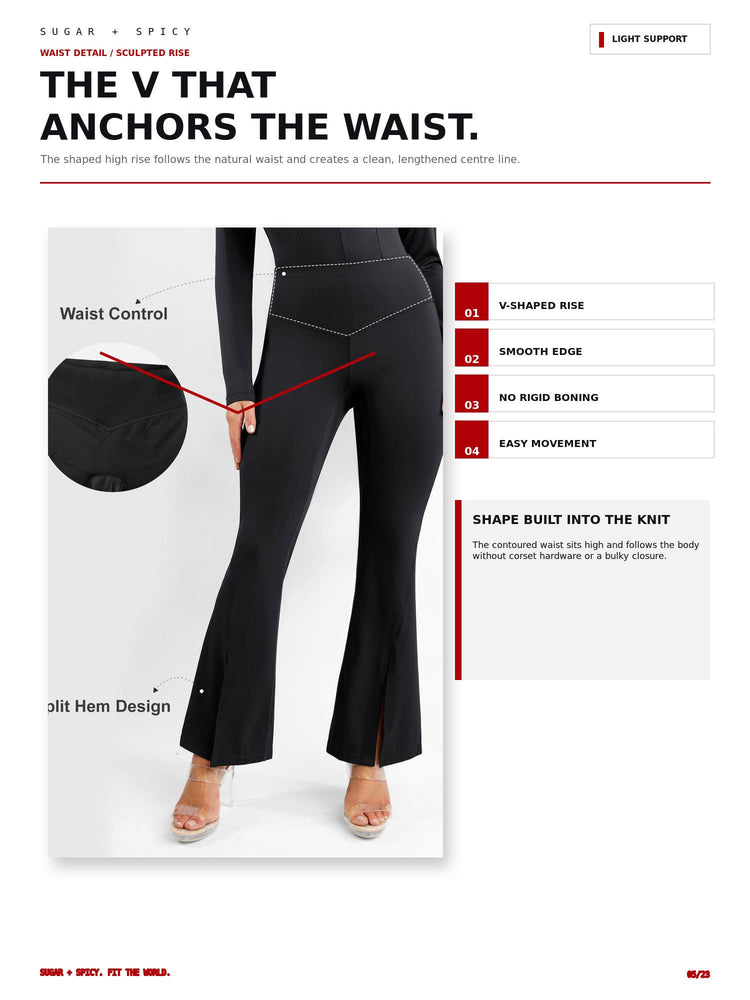 A product feature infographic for the Sculpted Rise waist detail by Sugar + Spicy, showing a model wearing black flared pants with a V-shaped waist and leg detailing, accompanied by text callouts and feature boxes.