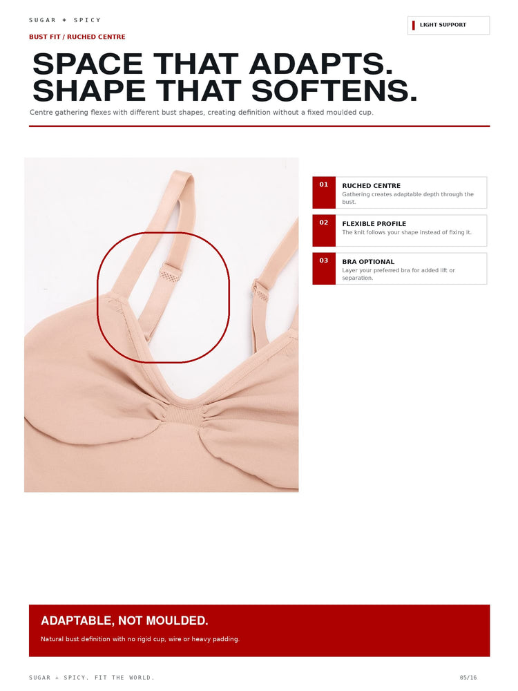 A product information page for a bra, featuring a close-up photo of a beige bra with a red circle highlighting the underband and straps. The page includes text describing the product's features, such as 'SPACE THAT ADAPTS.