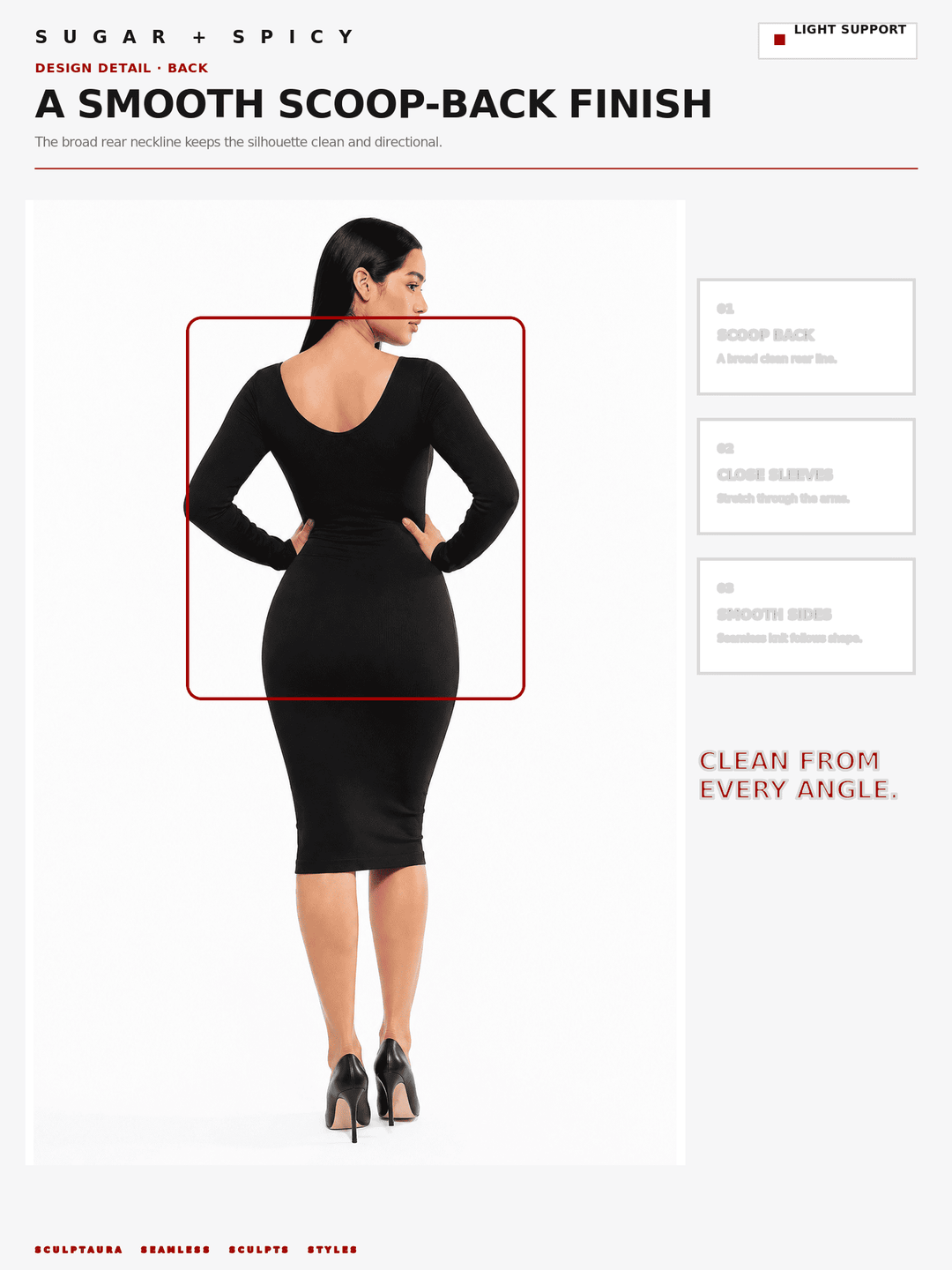 A model shown from the back wearing a fitted black long-sleeve scoop-back dress, with text and feature callouts explaining the back design details on a white background.