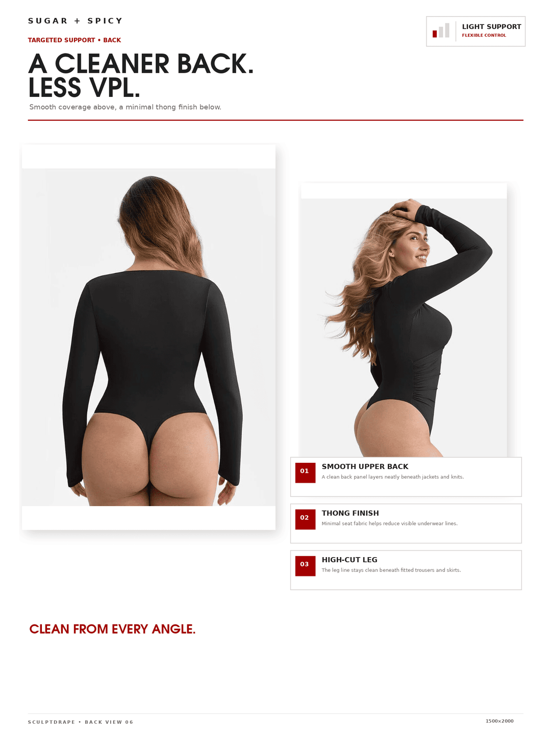 A promotional catalog page for a black long-sleeve bodysuit, showing two views of a model from the back and side against a white background. The page includes marketing text such as &