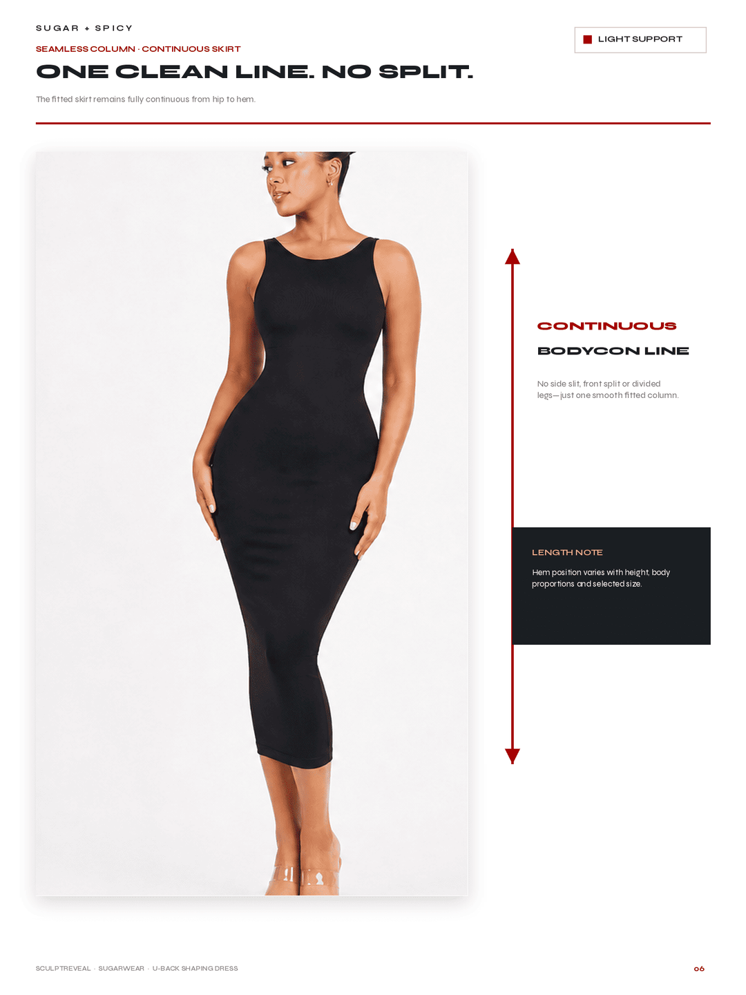 A model wears a sleeveless black bodycon dress against a white studio background, with printed text and arrows explaining the garment&