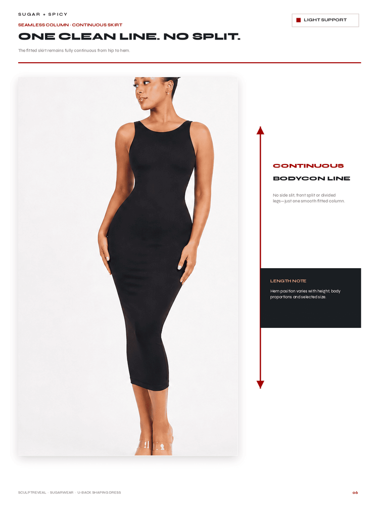 A model wears a sleeveless black bodycon dress against a white studio background, with printed text and arrows explaining the garment's continuous bodycon line and length.