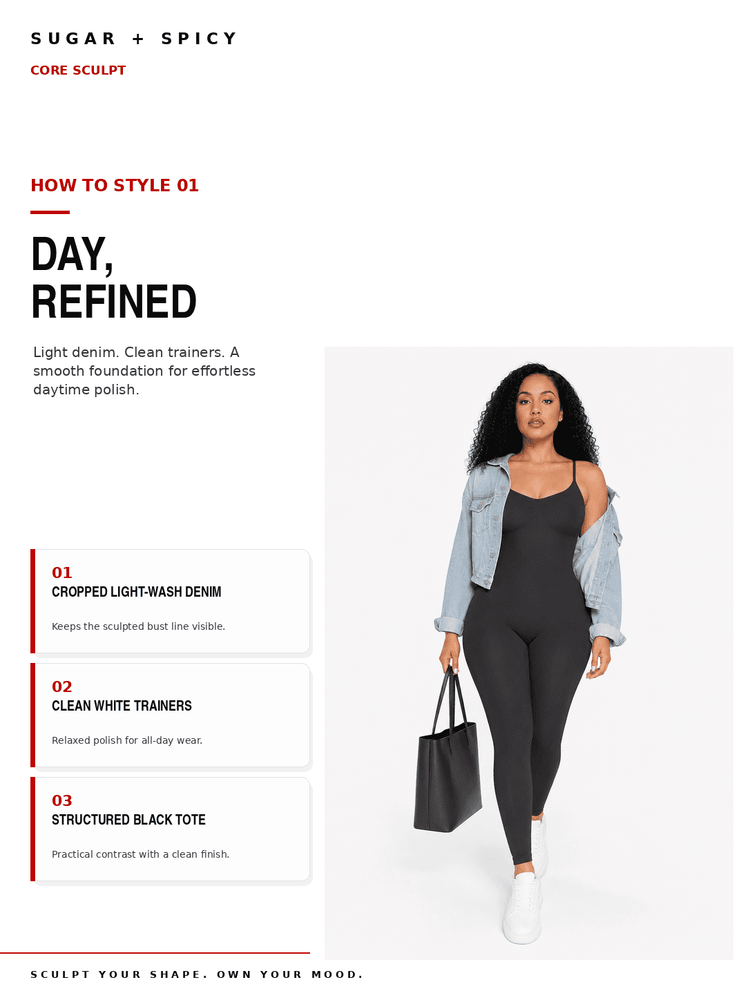 A fashion styling guide page from Sugar + Spicy titled 'How to Style 01: Day, Refined' showing a model wearing a black camisole, light-wash cropped denim jacket, black leggings, and white sneakers, while holding a black tote bag.