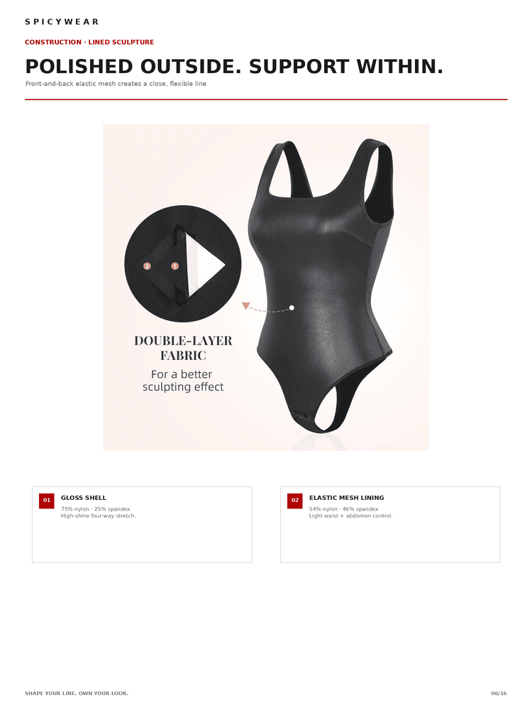 A product information page for a black double-layered bodysuit from Spicywear, titled 'POLISHED OUTSIDE. SUPPORT WITHIN.