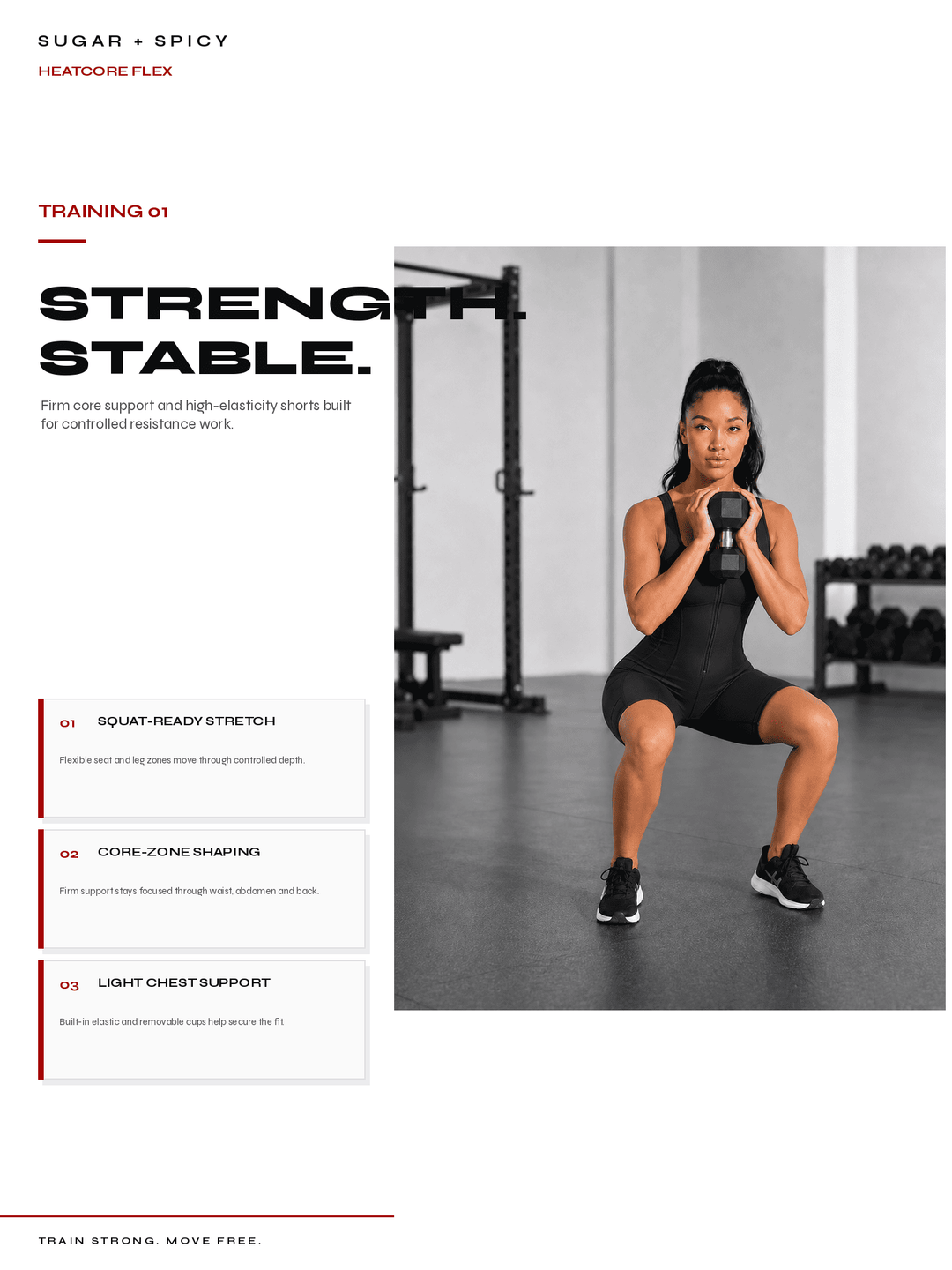 A fitness marketing page showing a woman in a black athletic outfit holding a kettlebell in a squat pose inside a gym. The page includes text sections titled &