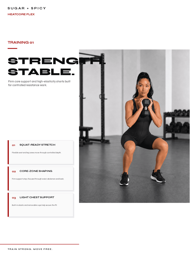 A fitness marketing page showing a woman in a black athletic outfit holding a kettlebell in a squat pose inside a gym. The page includes text sections titled 'SUGAR + SPICY', 'HEATGORE FLEX', 'TRAINING 01', 'STRENGTH STABLE.