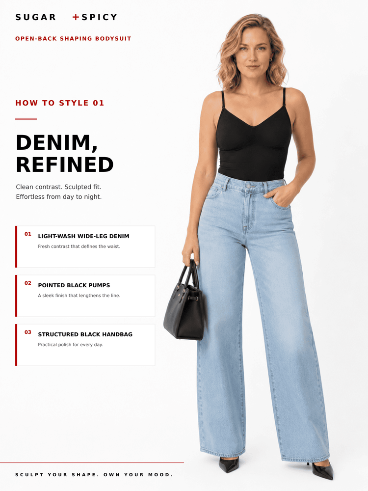 Model wearing a low-back thong bodysuit with light-wash wide-leg jeans and black pumps, showcasing a sleek style.