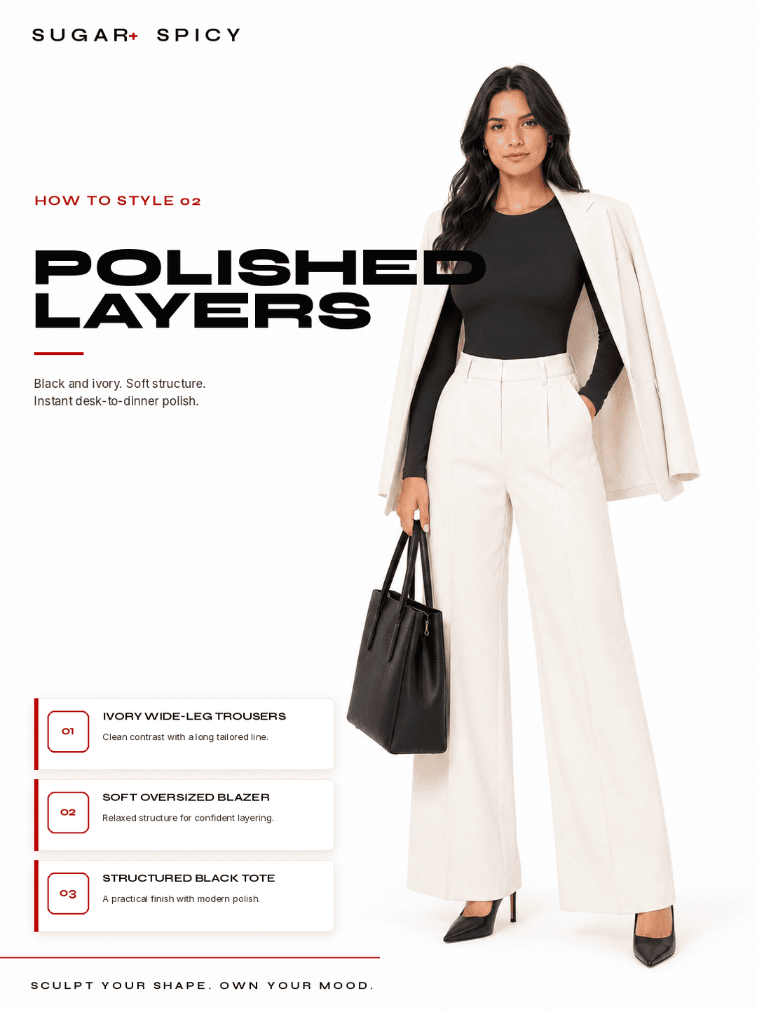 Model wearing a seamless long sleeve bodysuit with ivory wide-leg trousers and a structured black tote.