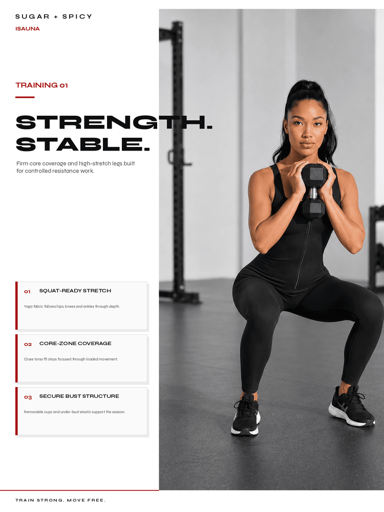 A fitness training poster featuring a woman in a squat holding a dumbbell in a gym setting, with text on the left reading 'STRENGTH. STABLE.
