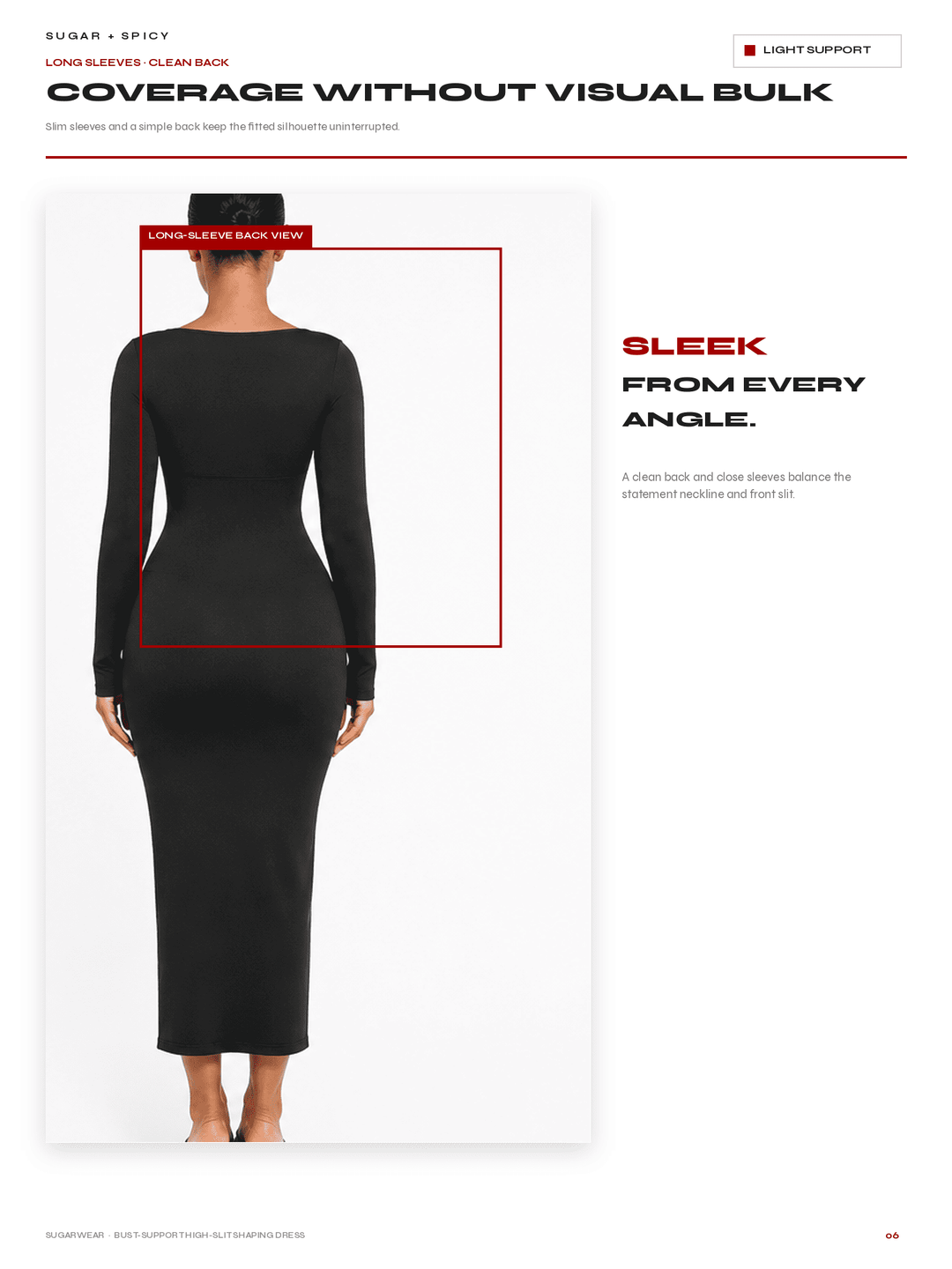 A product catalog page showing a model from the back wearing a long-sleeve, form-fitting black midi dress. The page features text highlighting the dress&