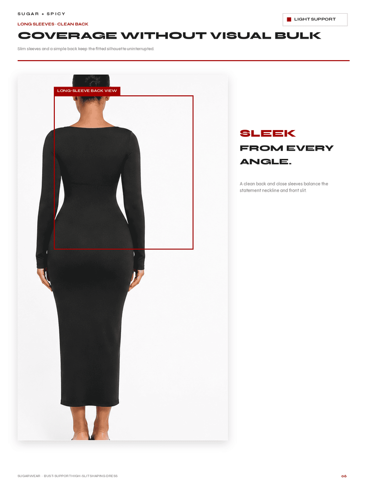 A product catalog page showing a model from the back wearing a long-sleeve, form-fitting black midi dress. The page features text highlighting the dress's features, including 'COVERAGE WITHOUT VISUAL BULK' and 'SLEEK FROM EVERY ANGLE.