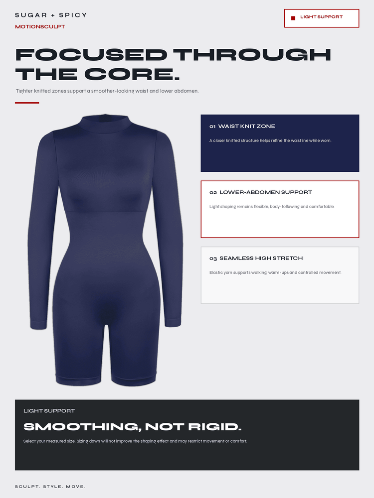 A dark navy blue long-sleeve bodysuit shown on a light gray background with marketing text and feature callouts for waist, lower abdomen, and seam stretch support.