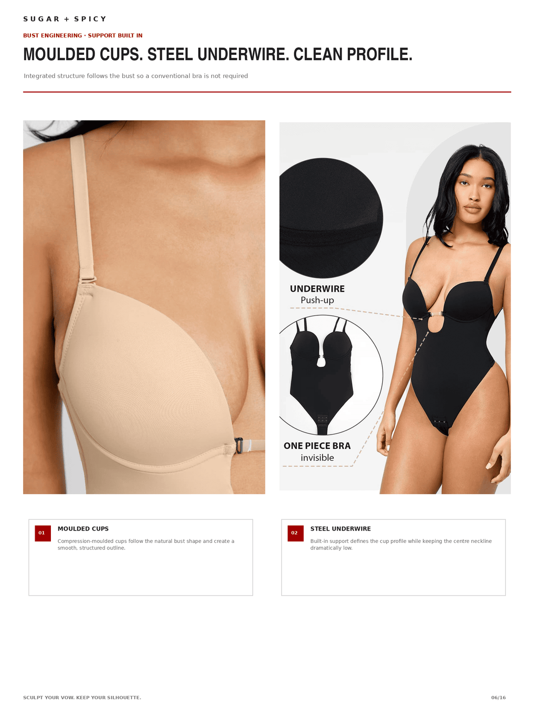 SculptVow Deep-Plunge Low-Back Underwire Thong Bodysuit