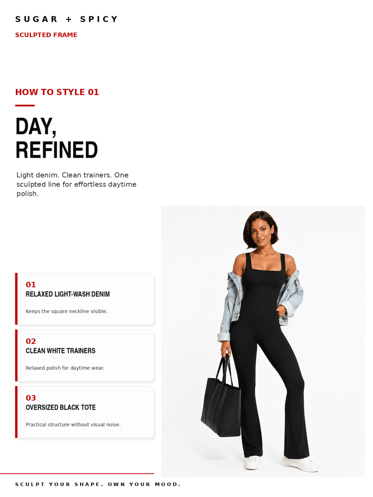 A fashion styling page from Sugar + Spicy showing a model wearing a black one-piece jumpsuit, styled with a light denim jacket and a black tote bag. The page includes text describing the look as 'Day, Refined' and outlining three styling tips.
