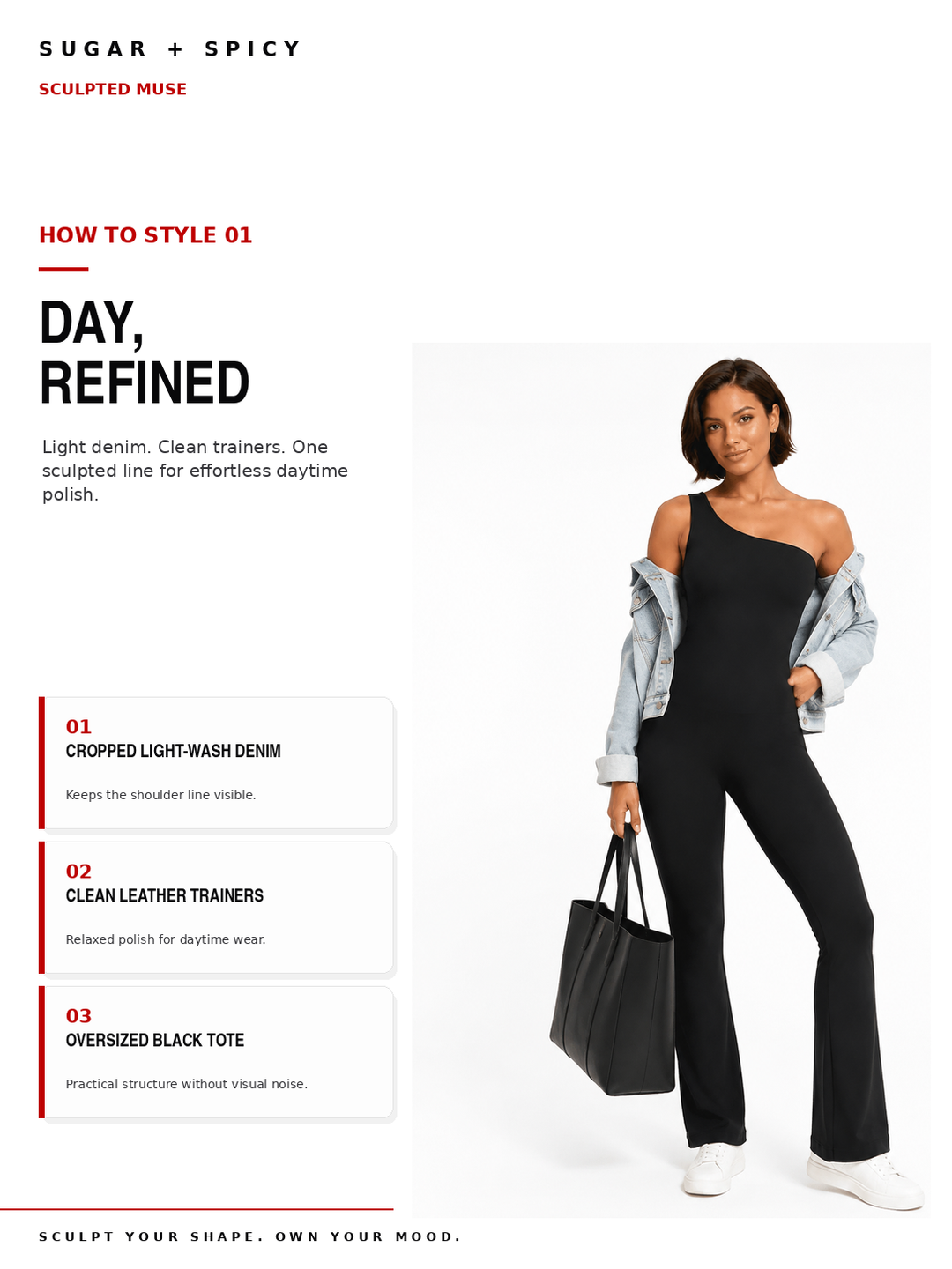 A fashion editorial-style page showing a model wearing a black one-shoulder fitted jumpsuit with a light denim jacket draped off her shoulders, white sneakers, and a black tote bag. Text on the left reads &