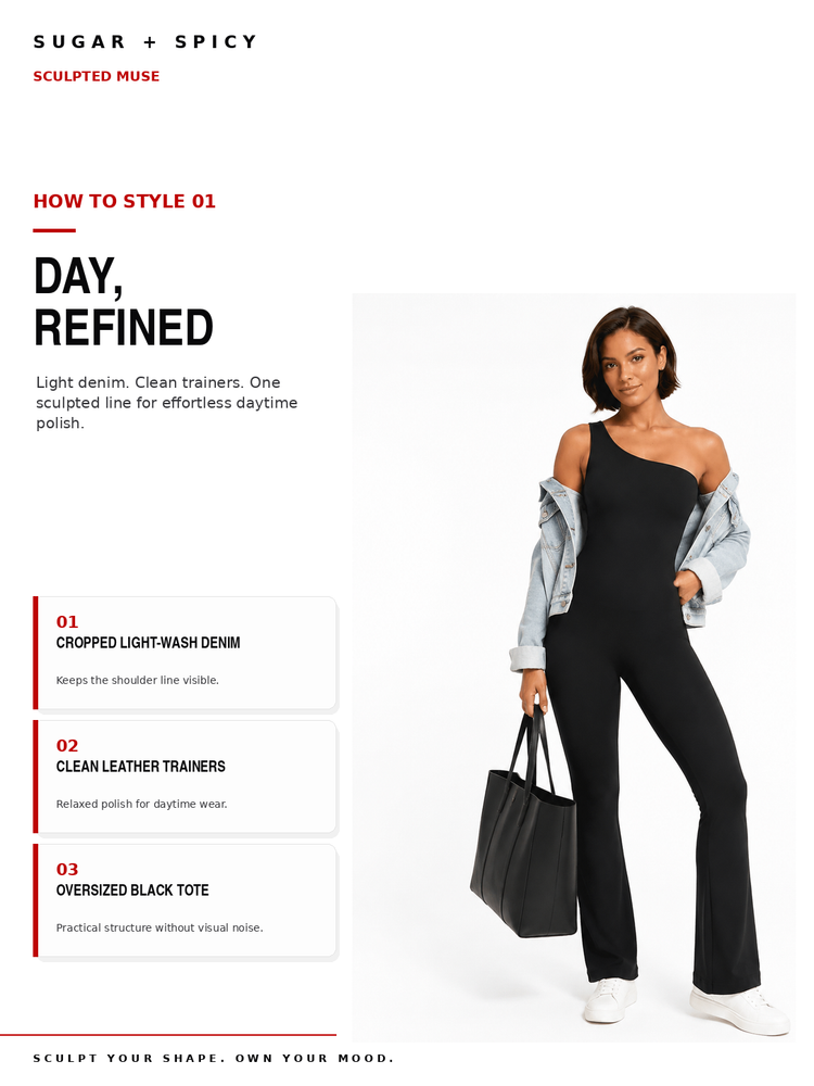 A fashion editorial-style page showing a model wearing a black one-shoulder fitted jumpsuit with a light denim jacket draped off her shoulders, white sneakers, and a black tote bag. Text on the left reads 'DAY, REFINED' and includes styling notes, with the brand name 'SUGAR + SPICY' at the top.