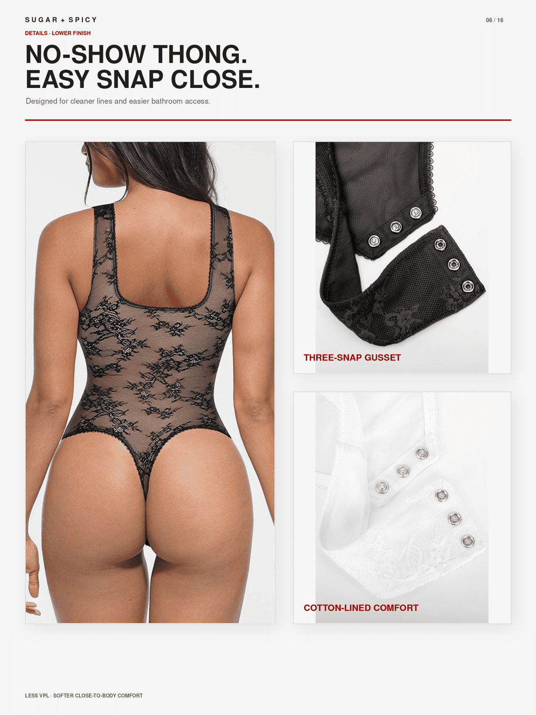 A lingerie catalog page showing a black lace thong bodysuit on a model from the back, with inset close-up details of the three-snap closure and white cotton-lined comfort panels. Text reads &