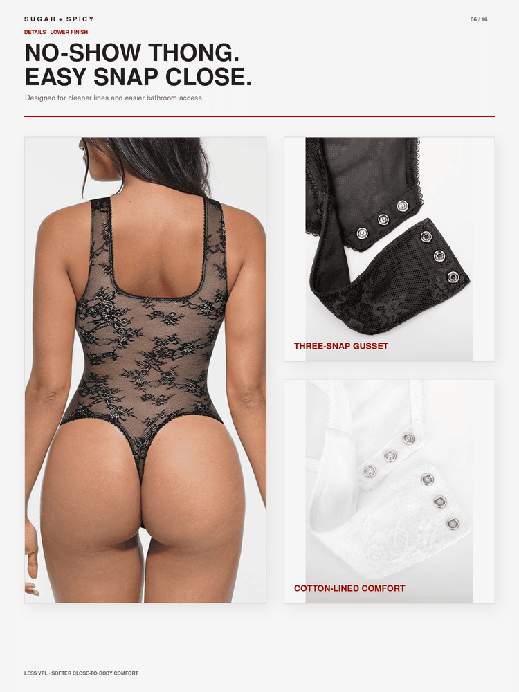A lingerie catalog page showing a black lace thong bodysuit on a model from the back, with inset close-up details of the three-snap closure and white cotton-lined comfort panels. Text reads 'NO-SHOW THONG.