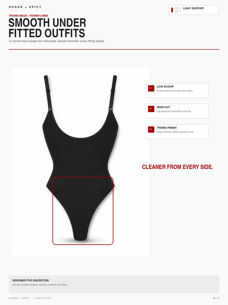 A black one-piece smoothing bodysuit shown on a white background with marketing text and feature callouts. The image includes a red outlined waist area and text describing smooth under fitted outfits, light support, low scoop, high cut, and thick finish.