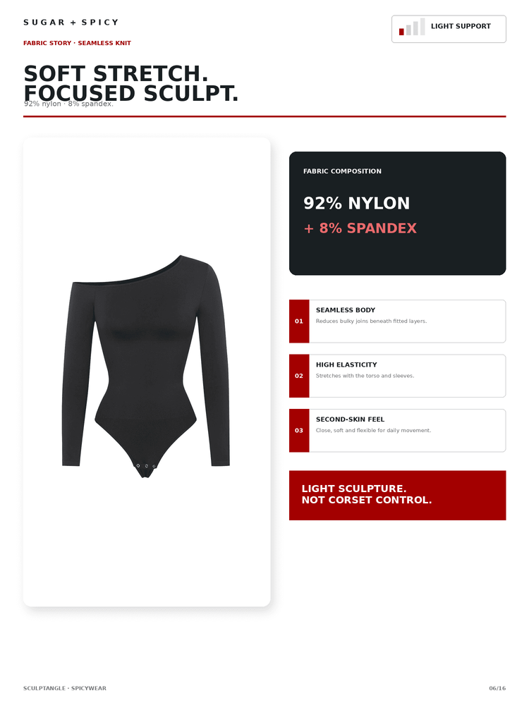 A product information graphic for a black long-sleeve one-shoulder bodysuit. The left side shows the bodysuit on a white background, while the right side contains text panels describing the fabric as 92% nylon with 8% spandex, listing features like a seamless body and high elasticity.