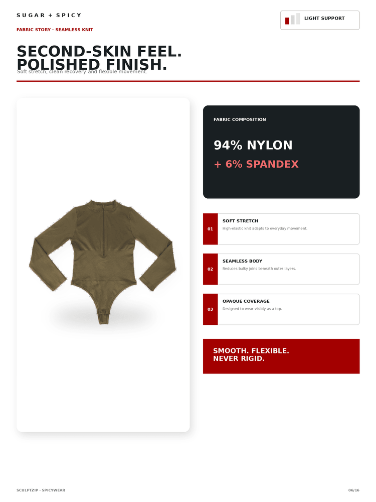 A product information page for a long-sleeve bodysuit or jumpsuit in olive green, showing a front view of the garment on the left and text callouts on the right about fabric composition, stretch, body, and grip coverage.