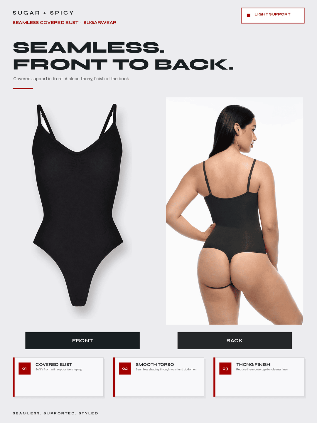 Black seamless covered-bust one-piece swimsuit shown from the front and back on a model, with marketing text and feature callouts on a light gray background.