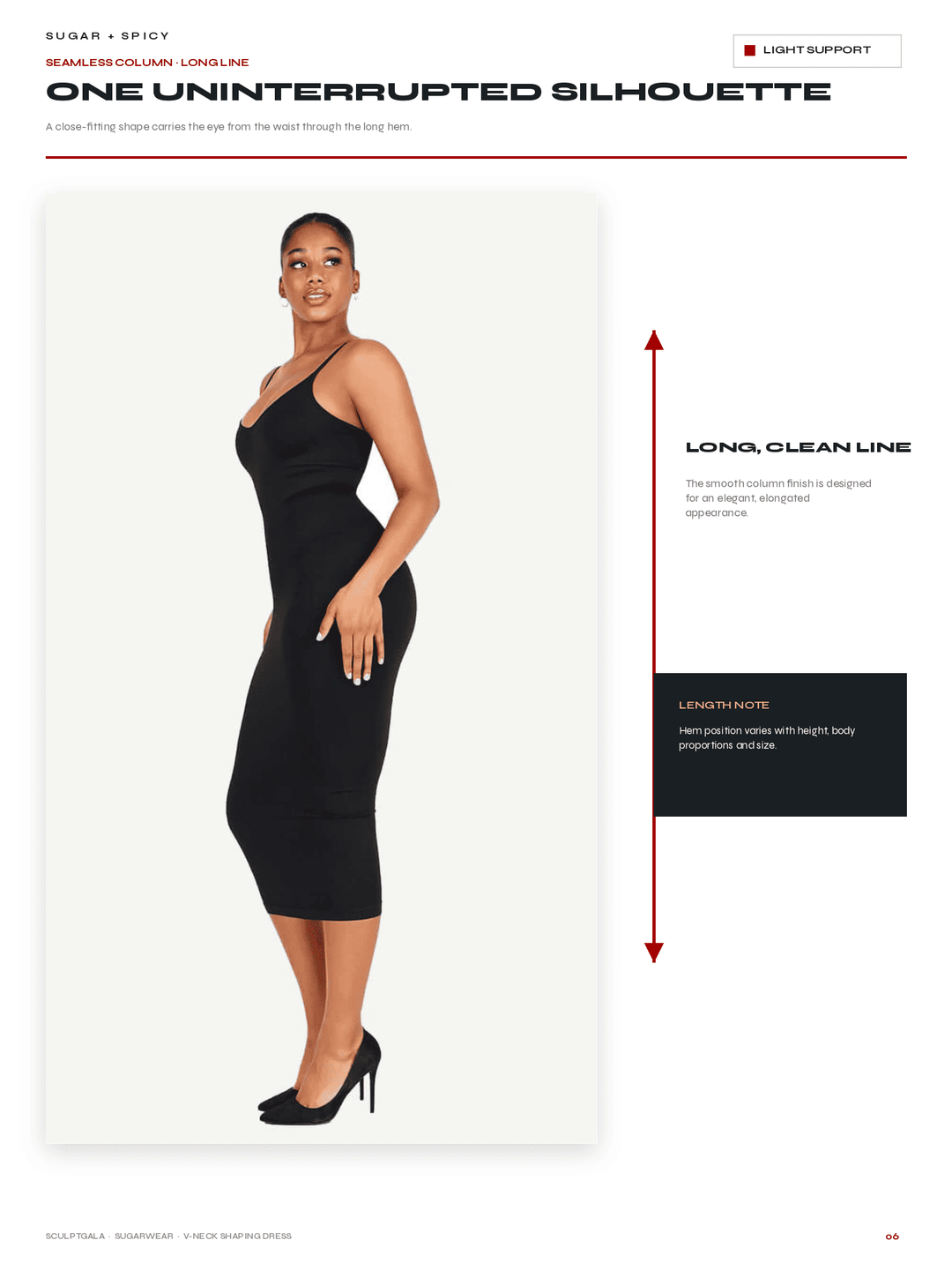 A model wearing a black one-shoulder bodycon dress is shown on a white page with text describing the fit and silhouette. The page includes a red measurement arrow indicating the dress is long and clean, with a black callout box labeled length note.
