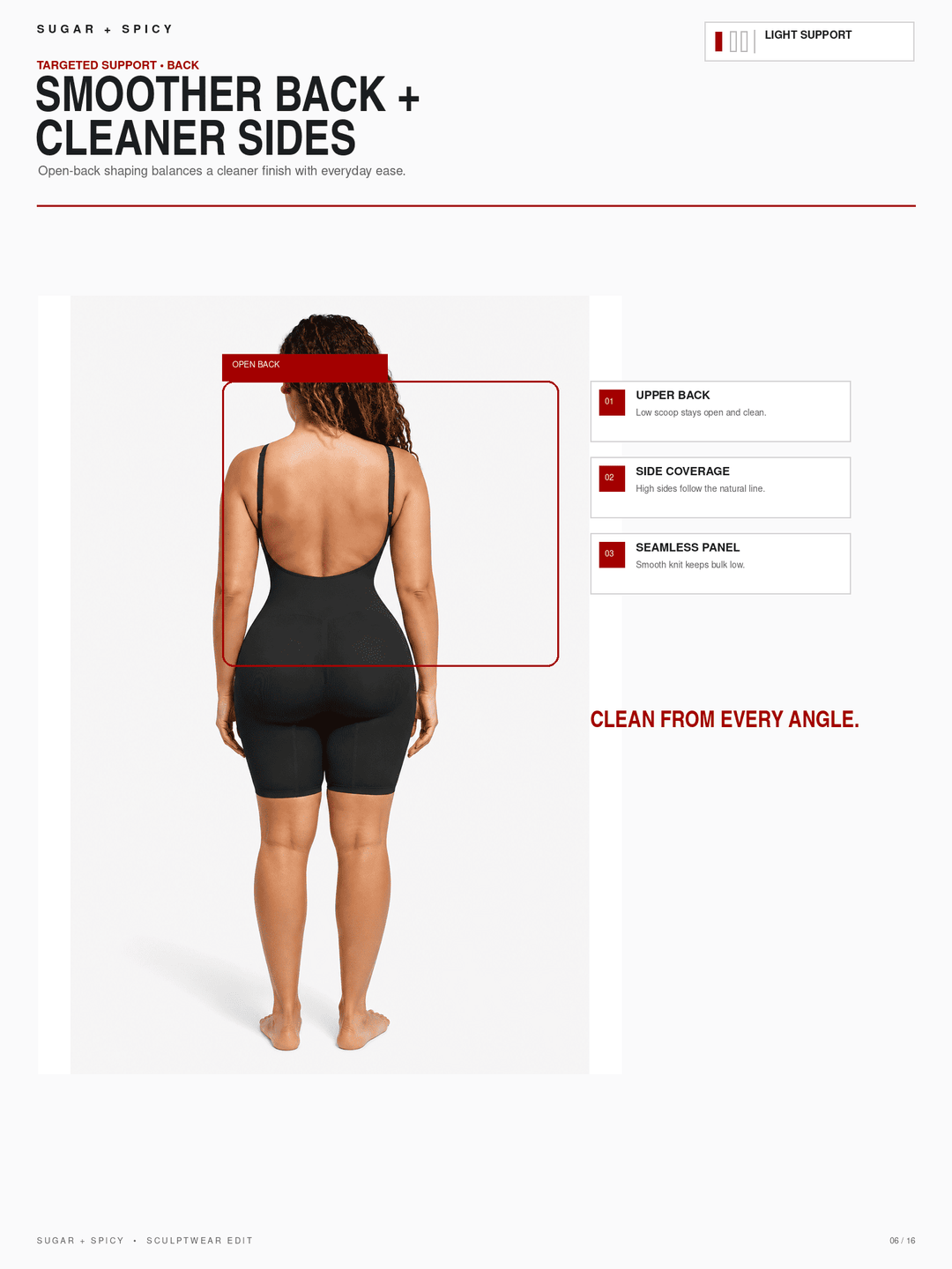 A model shown from the back wearing a black shapewear brief, with a red measurement outline highlighting the back panel. The image includes marketing text and feature callouts on a white background.