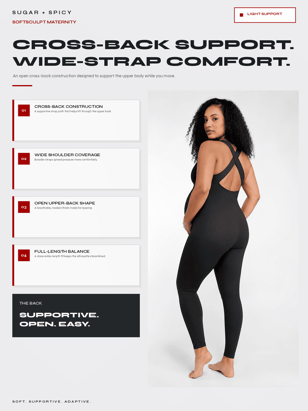 A model wearing a black maternity bodysuit is shown from the back against a light gray background, with marketing text and feature callouts on the left side of the image.