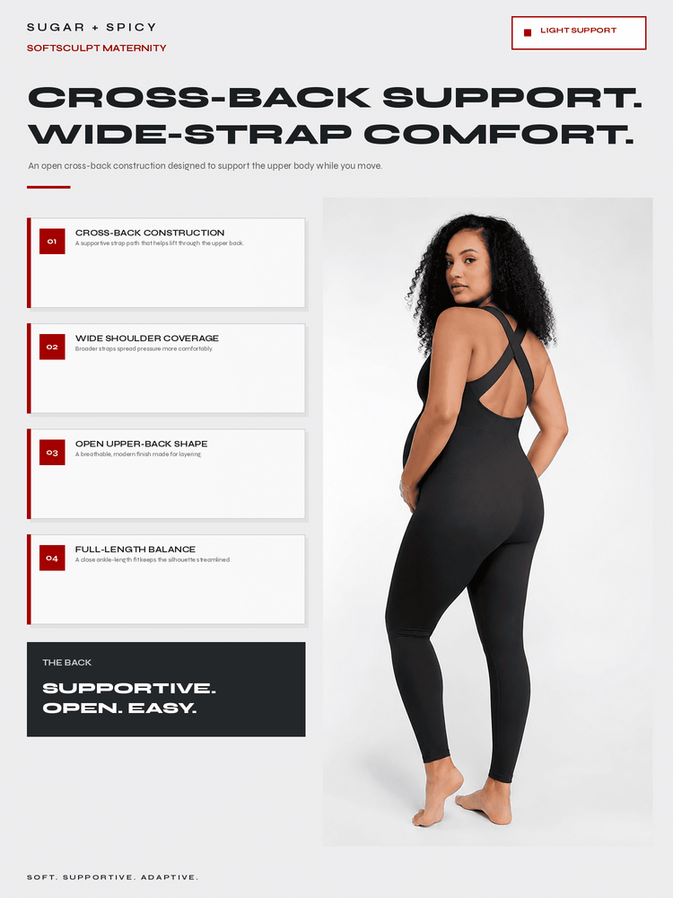 A model wearing a black maternity bodysuit is shown from the back against a light gray background, with marketing text and feature callouts on the left side of the image.