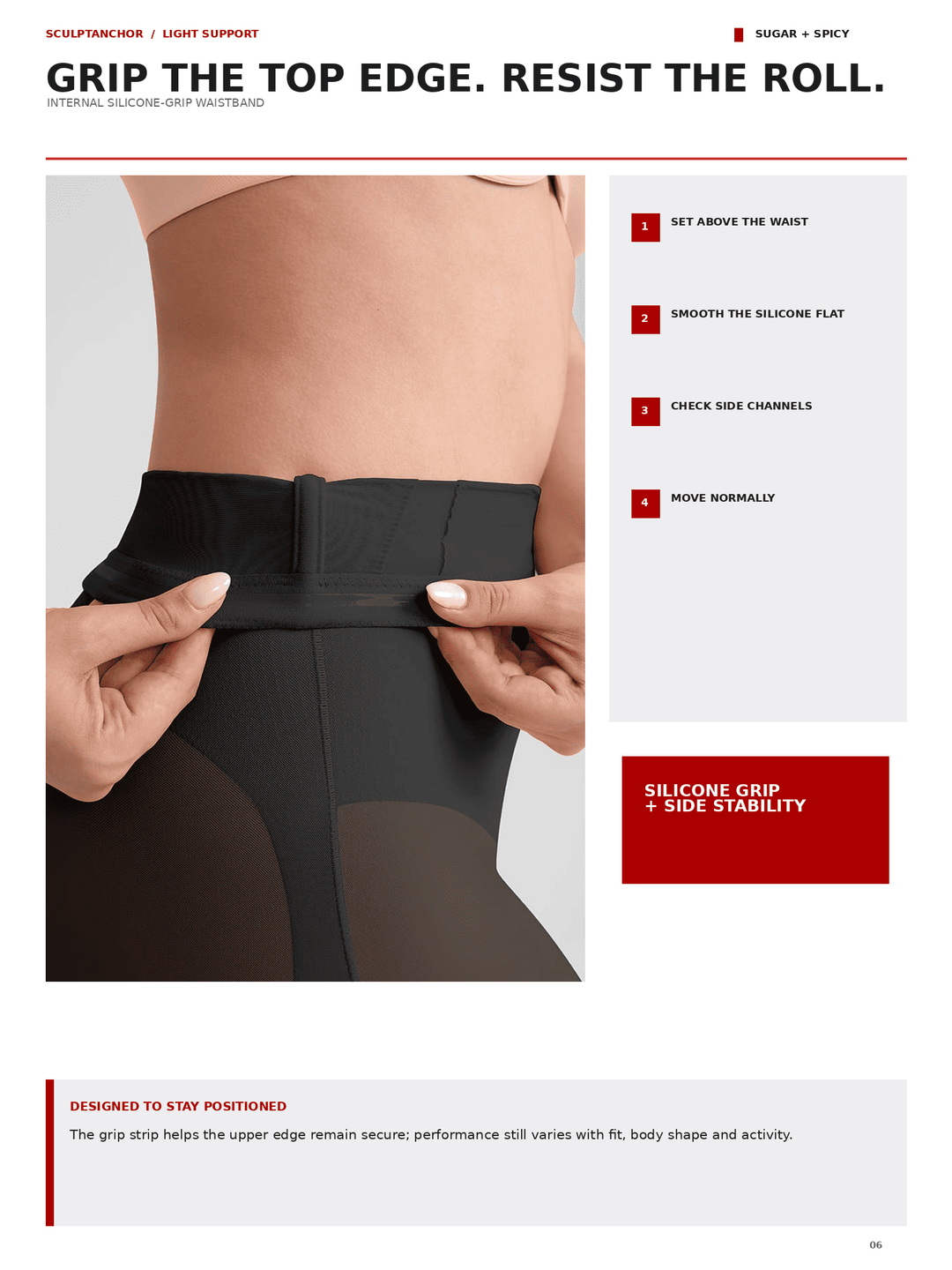 Instructional product graphic for a black silicone underbust band, showing a close-up of a model&