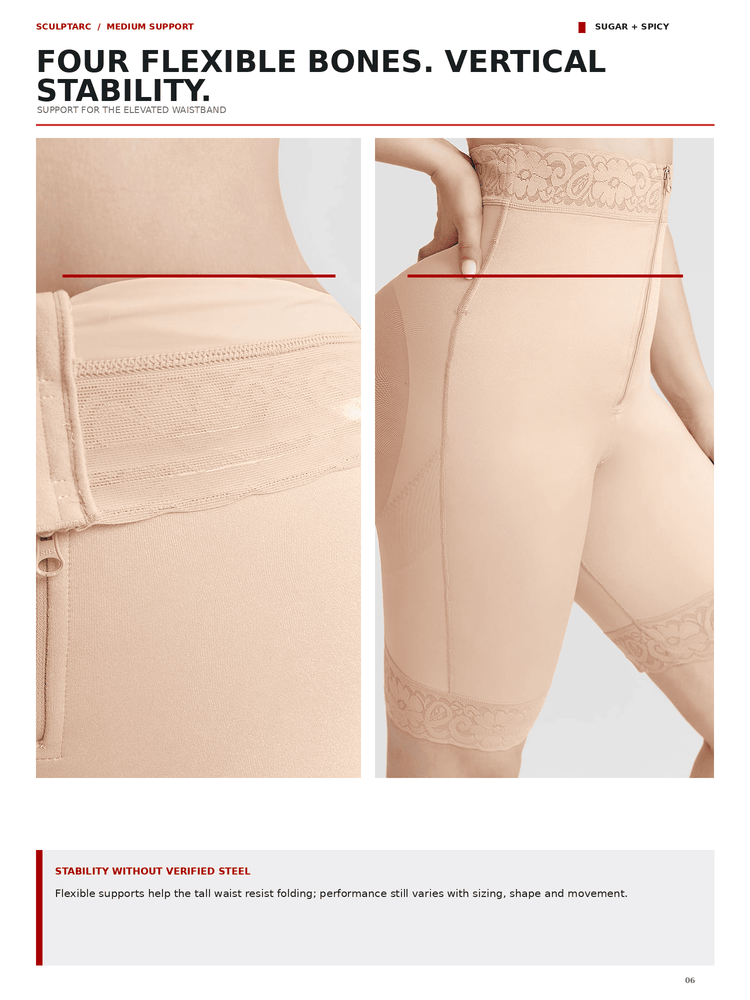 A product information page showing two close-up views of a beige high-waisted shapewear brief on a model, with text describing features such as four flexible bones, vertical stability, and sugar + spicy scent.