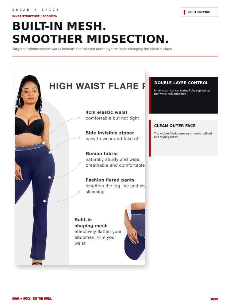 A product information page for Sugar + Spicy high-waist flare pants, featuring a model wearing the pants and text callouts describing features like 4cm elastic waist, side invisible zipper, Roman fabric, and built-in mesh shaping.
