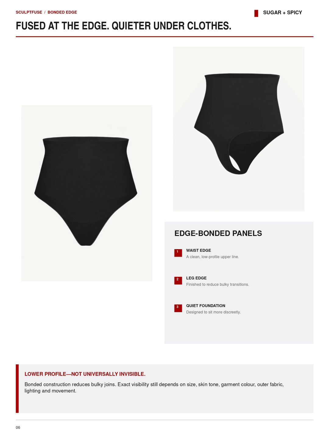 A product information page for a black high-waisted bikini bottom, showing front and back views with text describing the design, edge-bonded panels, and fit. The page has a white background with red and black text and a small &