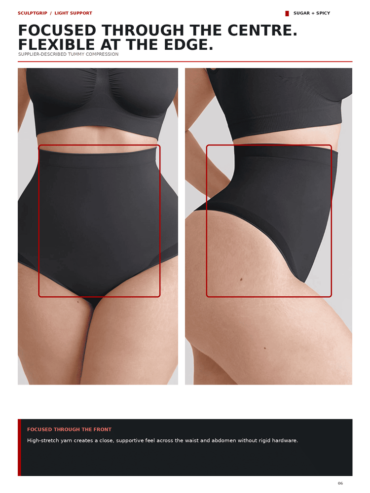 A catalog page showing two side-by-side views of a model wearing black high-waisted briefs, highlighting the front and back fit with red measurement boxes. The page includes marketing text at the top and bottom.