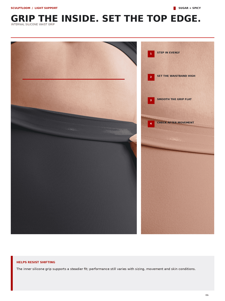 Instructional product page for Sculption light support underwear, showing a close-up of the black inner cup on skin, a step-by-step application guide, and product text on a white background.