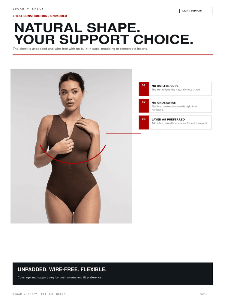 A promotional product page for a brown wireless one-piece bodysuit. The page features a model wearing the bodysuit, with text highlighting key features such as 'Natural Shape.